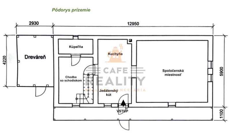 Floor plan of a family house with a living room, kitchen, bathroom, and wood storage.