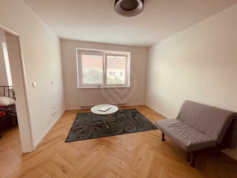 A bright room in a 4-room apartment with a sofa, carpet, and wood-patterned flooring.