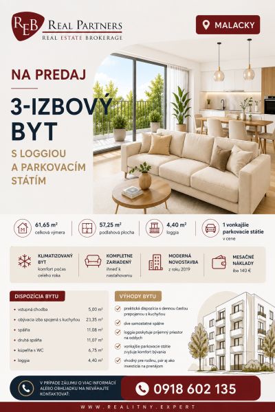 Offer of a 3-room apartment in Malacky with a loggia and parking, total area of 61.65 m².