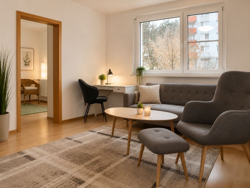 Living room in a 2-room apartment with comfortable seating and a table.