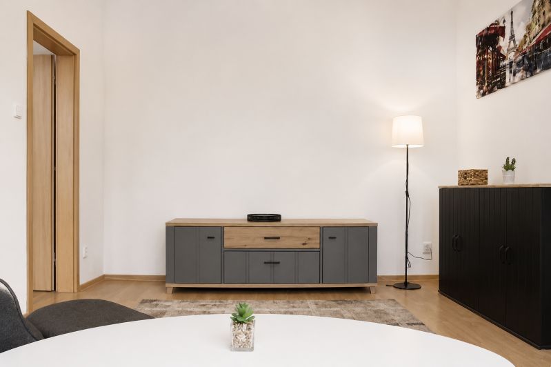 Living room with wood-patterned flooring, furniture, and a floor lamp in a two-room apartment.