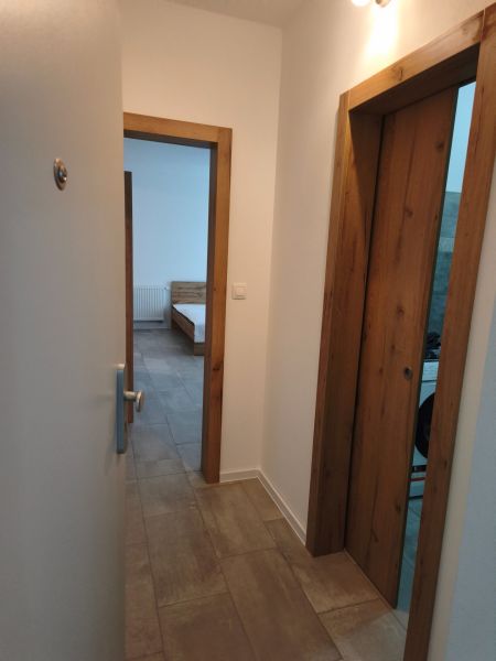 A hallway in a one-room apartment with tiles and wooden door frames.