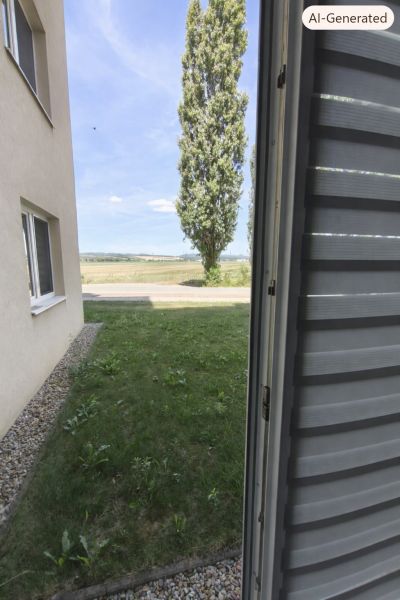 A view from the window of a studio apartment in Zlaté Moravce overlooking the lawn and a tree.