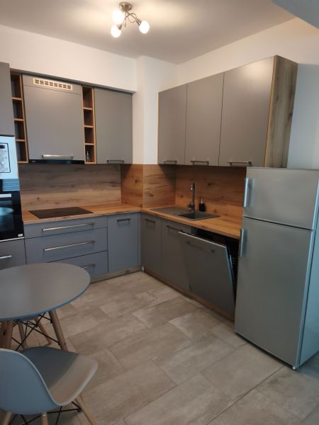 A stylish modern kitchen with wood-patterned flooring in a studio apartment.