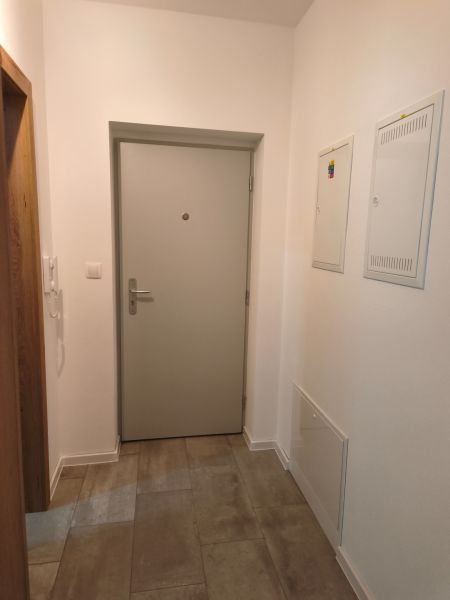 Entrance hallway in a one-room apartment with tiled flooring and white walls.