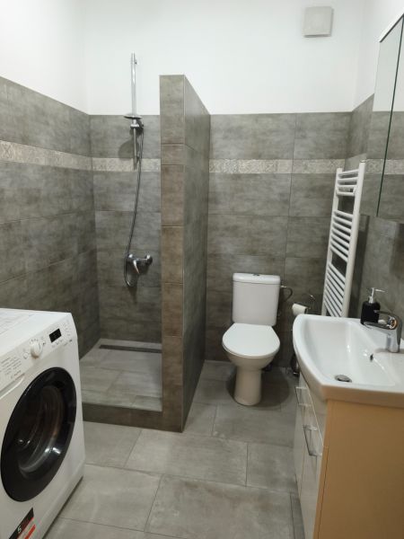 Bathroom in a studio apartment with a washing machine, shower, and toilet.