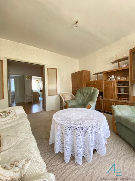 Living room in a 4-room apartment with a carpet and wooden furniture.