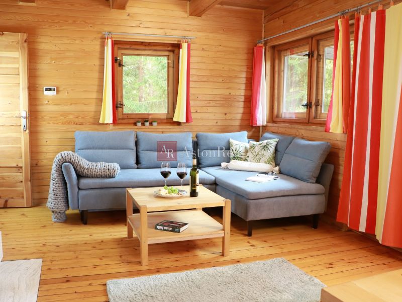 Living room of a cottage with wooden walls, a wooden-patterned floor, a blue sofa, and a table.