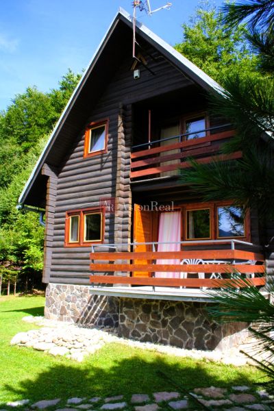 A wooden cabin in Tále near Brezno, surrounded by greenery with a stone plinth and a terrace.