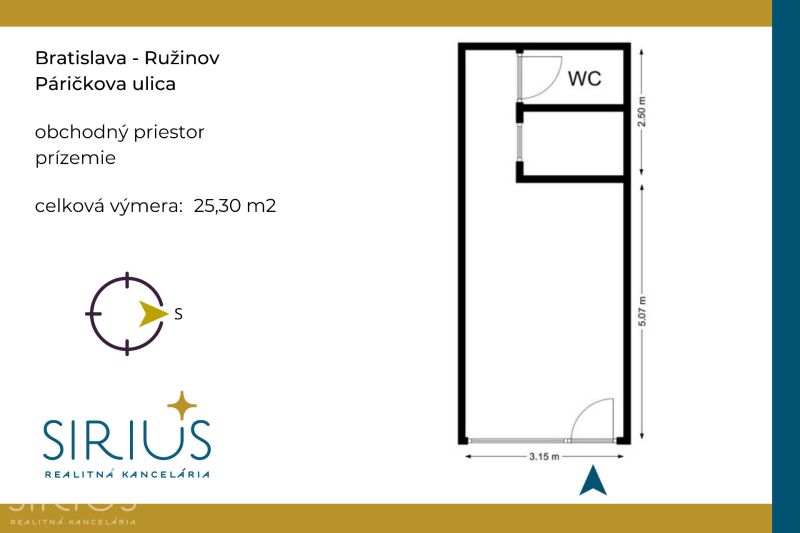 Floor plan of a commercial space on Páričkova Street in Bratislava with an area of 25.30 m².