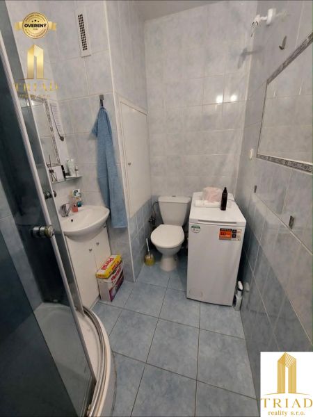 A bathroom in a studio apartment with blue tiles, a shower, and a toilet.