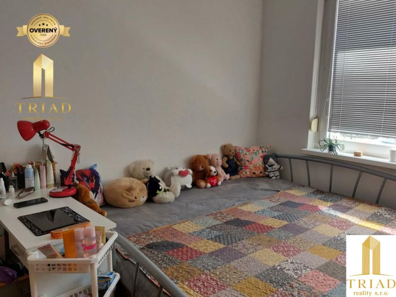 A room in a one-room apartment with a bed, a colorful blanket, and plush toys.