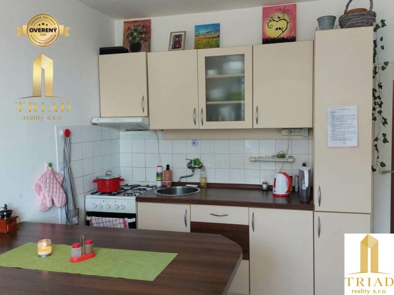 A kitchen in a studio apartment with a wood-patterned floor and light-colored cabinets.