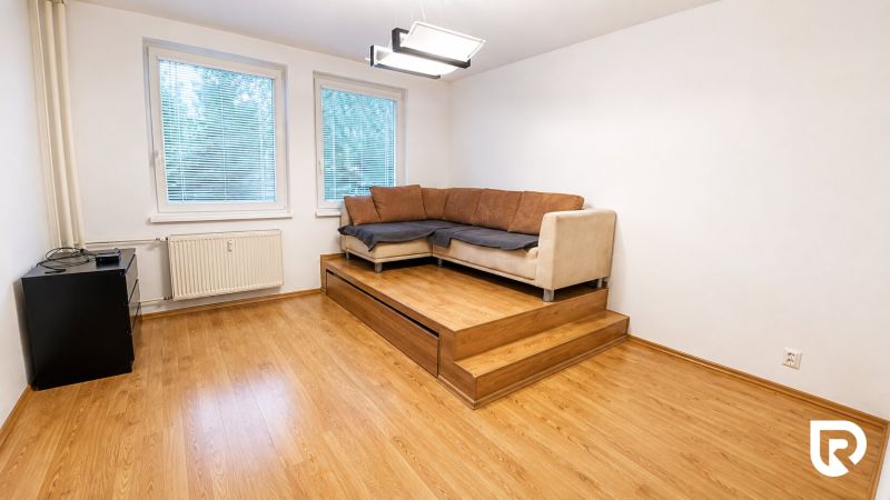 A room in a two-room apartment with a wooden decor floor and a comfortable sofa.