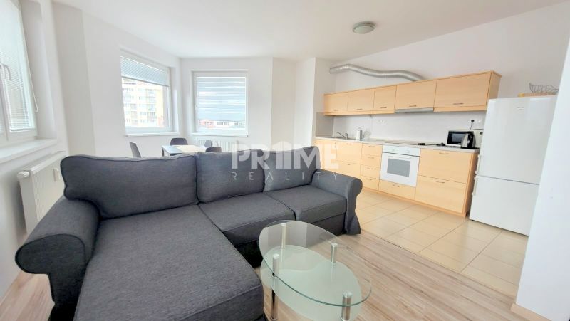 Living room of a two-room apartment with a kitchen, sofa, and glass table.