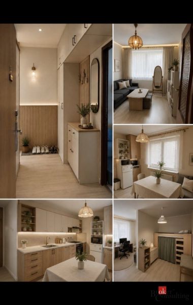 Cozy interior of a 2-room apartment with a wooden decor floor and subtle decorations.