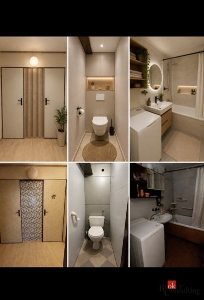 Bathrooms and toilets in a 2-room apartment with minimalist elements and decorative details.