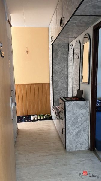 A narrow hallway with a wooden decor floor and practical storage space.