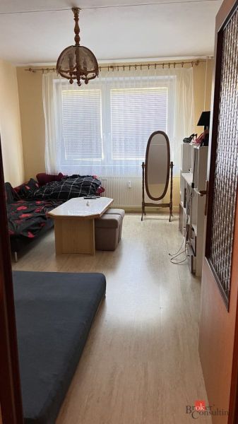 Living room in a two-room apartment with a wooden decor floor and furniture.