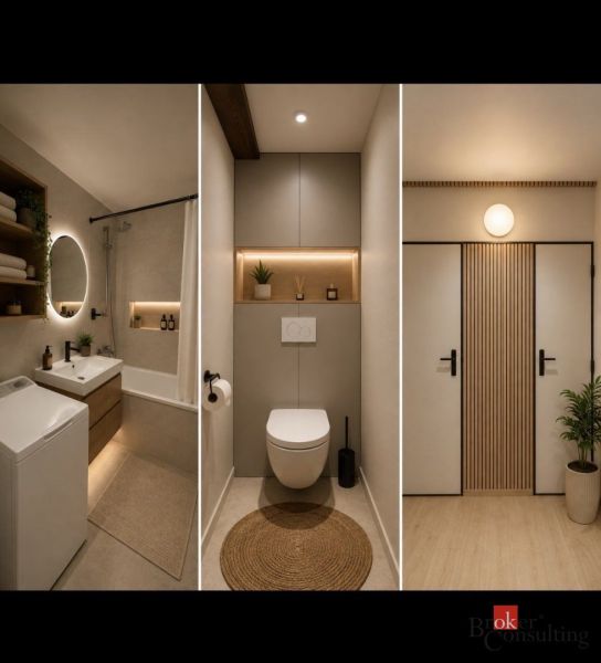 Bathroom with a bathtub and mirror, modern toilet, and entrance door in a 2-room apartment.