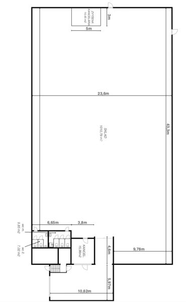 Floor plan of a warehouse with an office and toilets in the area of Warehouses and Halls.