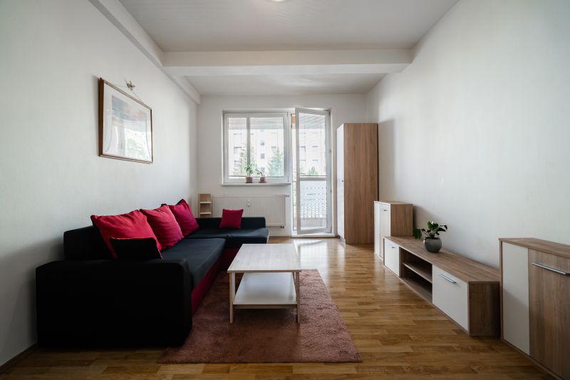 Living room in a two-room apartment with a sofa, red cushions, and a wooden-patterned floor.