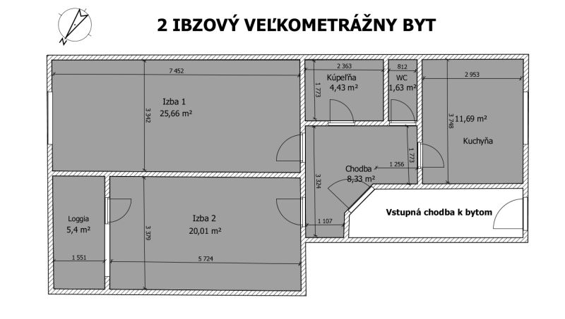 Floor plan of a 2-room apartment with large rooms, a kitchen, bathroom, toilet, and loggia.