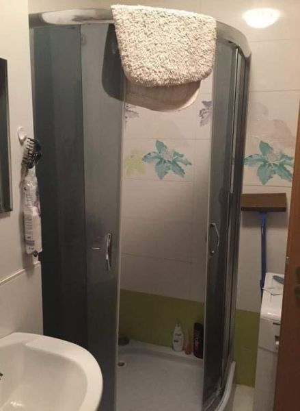Bathroom in a 2-room apartment with a shower corner and decorative tiles.