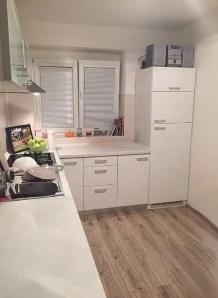 A kitchen in a 2-room apartment with white cabinets and a wood-patterned floor.