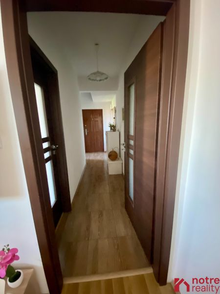A hallway in a one-room apartment with a wooden decor floor and wooden doors.