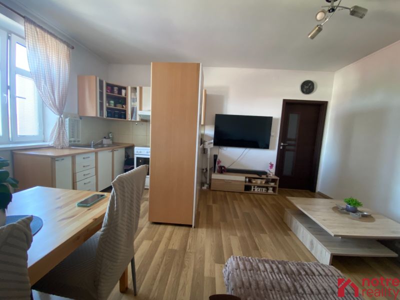 Living room in a studio apartment with wood-patterned flooring and a kitchenette.