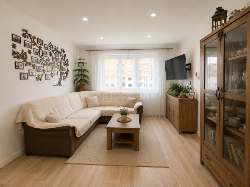 Living room in a 3-room apartment with a comfortable sofa and a wooden decor floor.