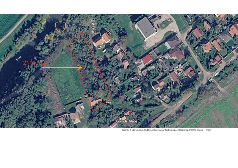 Aerial view of a plot of land by the river in Nové Zámky with an area of 2119 m².