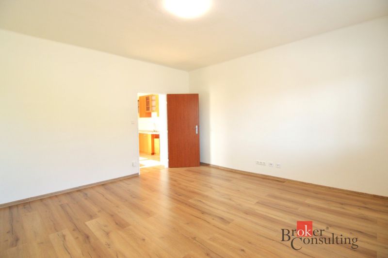 A spacious room in a 2-room apartment with a wooden decor floor and open doors.
