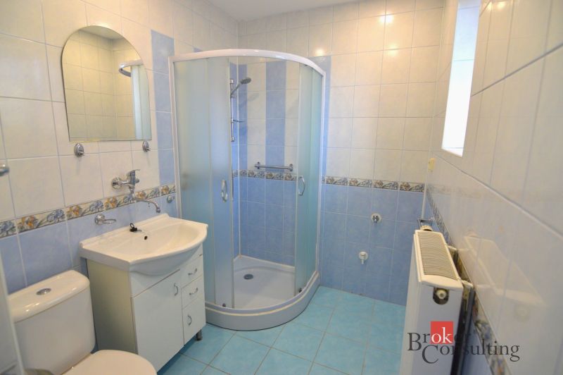 Bathroom in a 2-room apartment with blue tiles, a shower corner, and a sink.