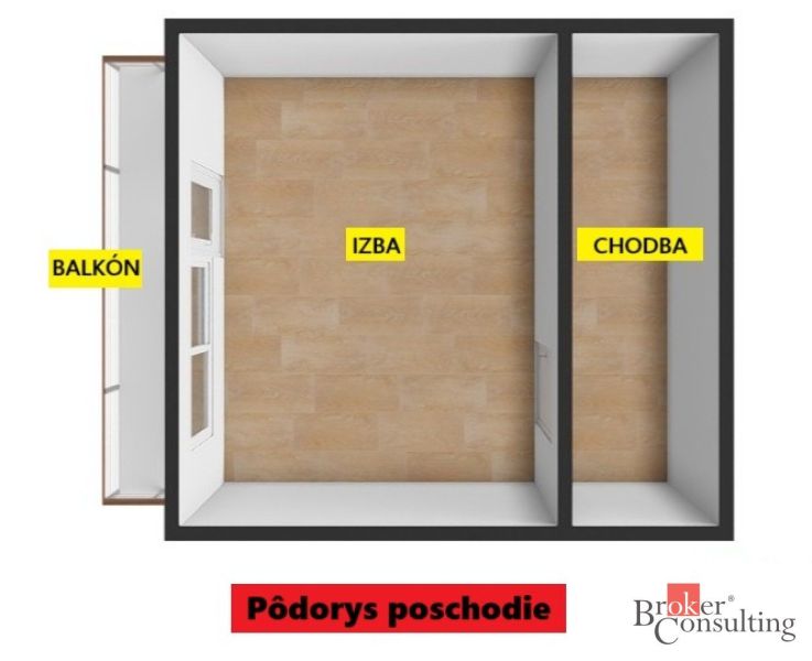 Floor plan of a 2-room apartment with a balcony and a wooden decor floor.