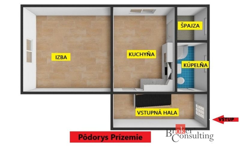 Floor plan of a 2-room apartment with wood-patterned flooring, includes a room, kitchen, and bathroom.