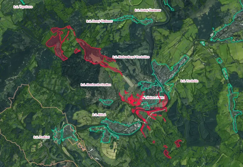Aerial view of agricultural and forest lands in the Tvrdošín area.