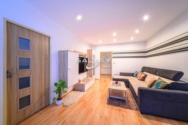 Living room in a two-room apartment with a sofa and a wooden decor floor.