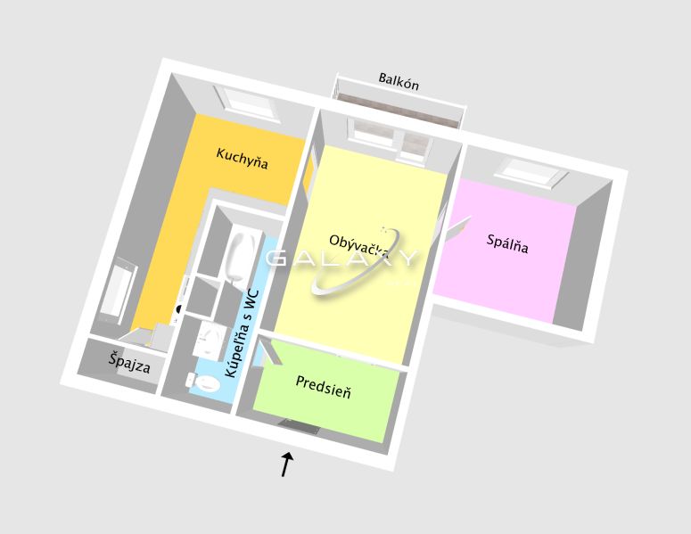 Layout of a 2-room apartment with a pantry, kitchen, balcony, hallway, and bathroom with toilet.