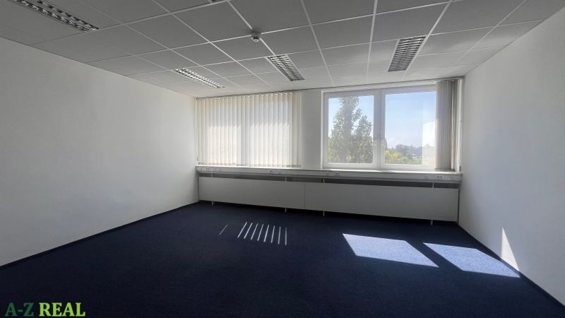Office with dark carpet, white walls, and a large window.