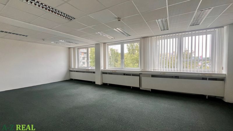 Empty offices with large windows and carpeted floors.