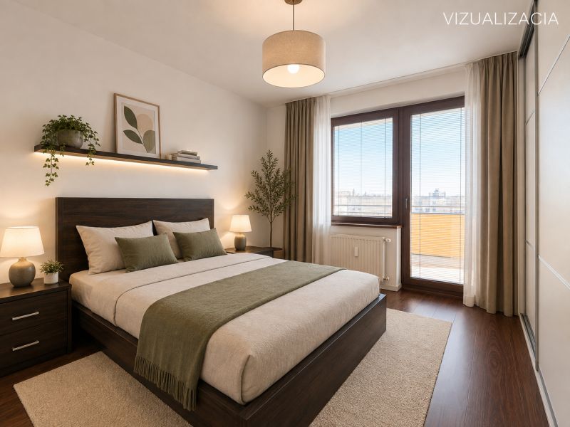 A bedroom in a three-room apartment with a wooden decor floor, a large bed, and a window to the balcony.