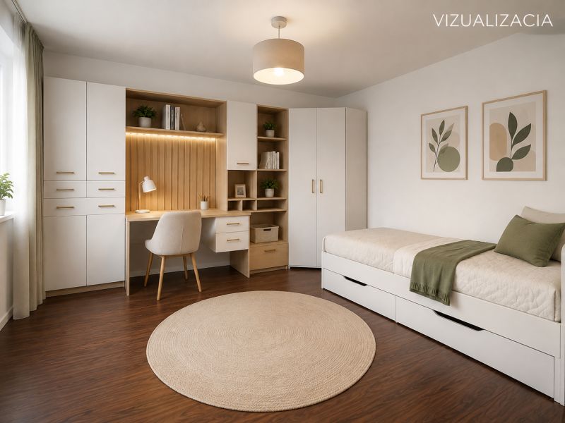 A room in a 3-room apartment with a built-in desk, storage spaces, and a floor with a wood decor.
