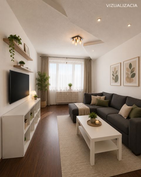 Living room in a 3-room apartment with a wooden decor floor, gray sofa, and white furniture.