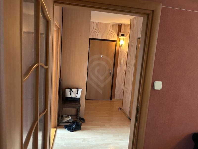 A hallway in a 3-room apartment with a wooden decor floor.
