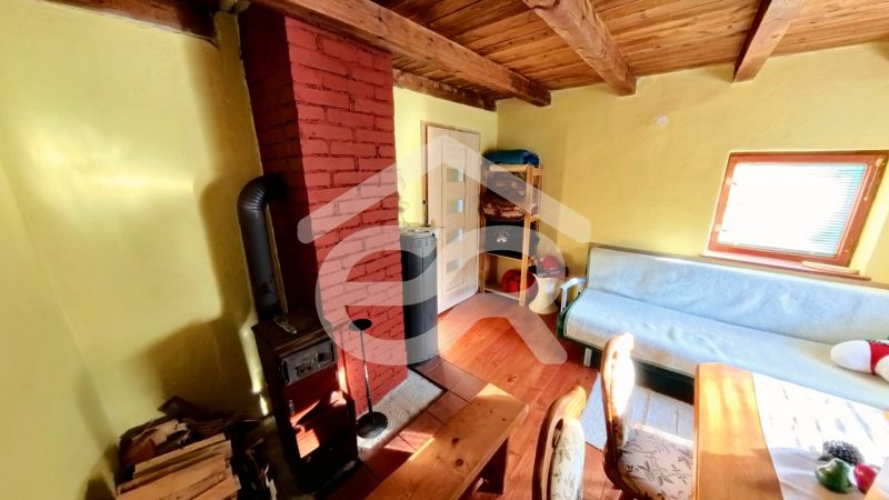 Interior of a cabin with a fireplace, sofa, and wooden decor flooring.
