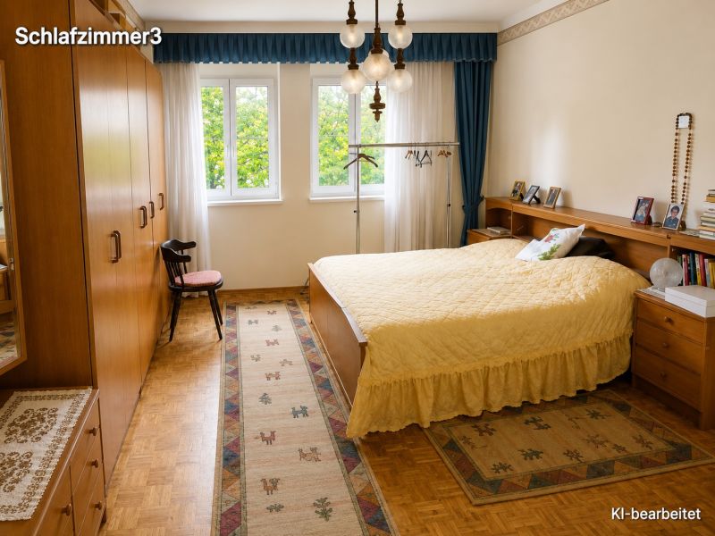 Bedroom with wood-patterned flooring, yellow bedspread, and large windows in a family house.