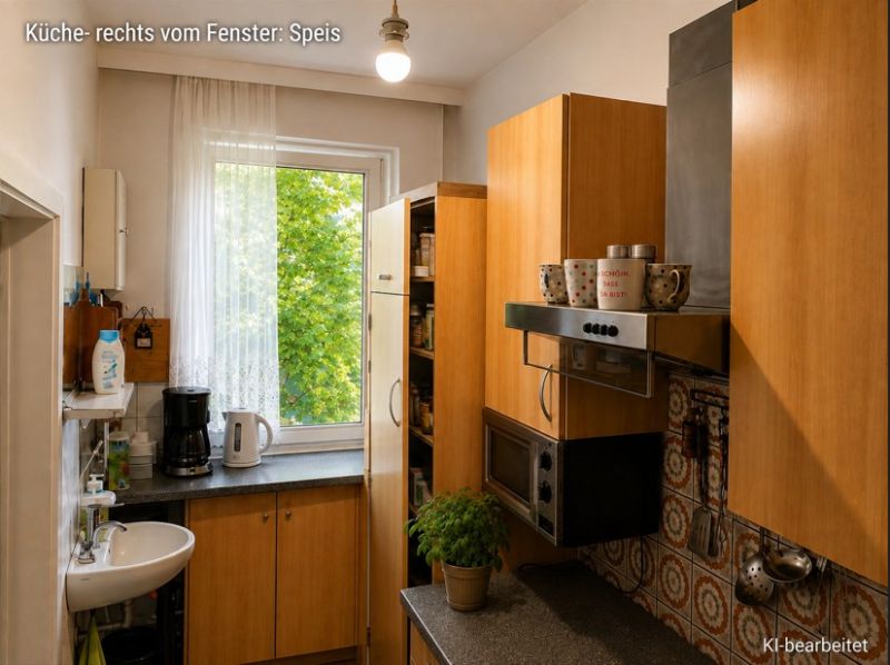 A kitchen in a family house with wooden decor cabinets and appliances.