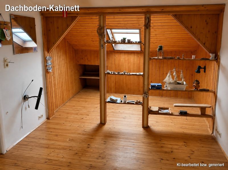 Attic room with wooden decor and shelves in a family house.